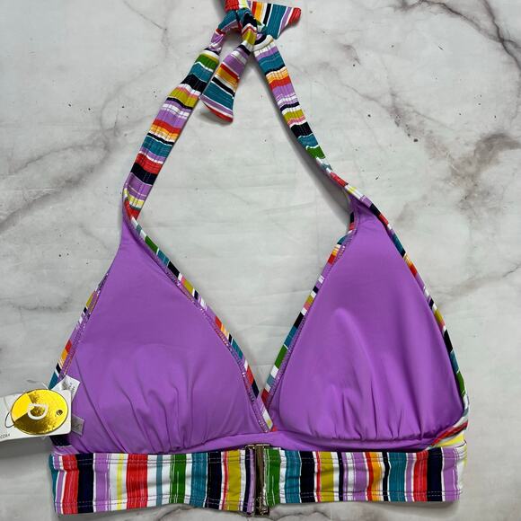 Anne Cole Painted Stripe Banded Halter Bikini Top Size D White Purple New - Picture 4 of 6
